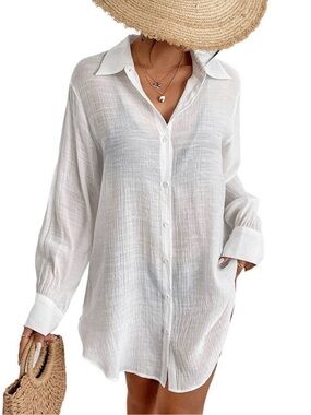 Bsubseach White Long Sleeve Button Down Beach Cover Up